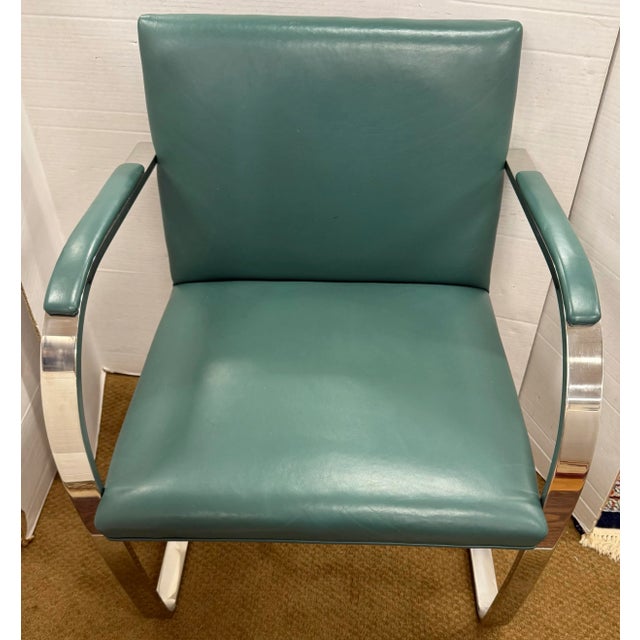Ludwig Mies van der Rohe Pair of Mid Century Brno Chrome Flat Bar Teal Leather Chairs For Sale - Image 4 of 6
