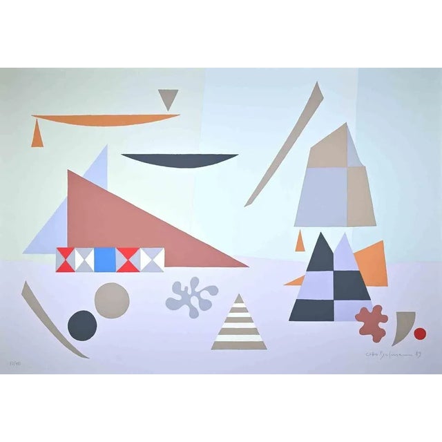 Abstract composition is a contemporary artwork realized by Otto Hofmann in 1989. Mixed colored screen print. Hand signed...