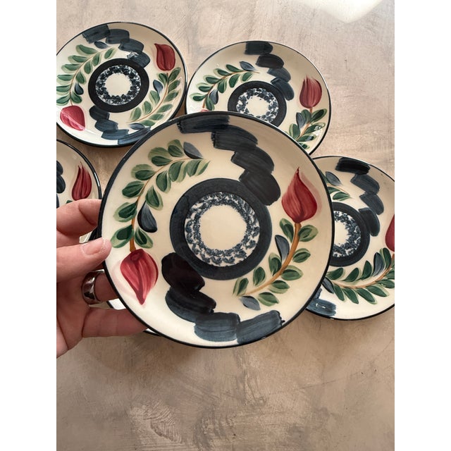 Farmhouse Set of 6 Hand Painted Studio Pottery Plates Signed P Silkotch 1993 Mississippi Folk Art 6.5 Inch Dessert Plates For Sale - Image 3 of 8
