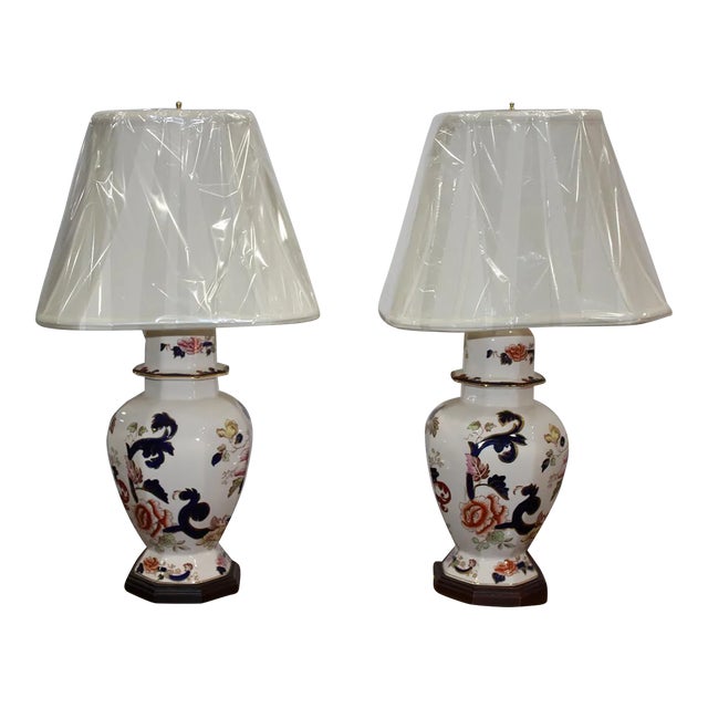 1970s Mason's Ironstone Blue Mandalay Lamps - A Pair For Sale