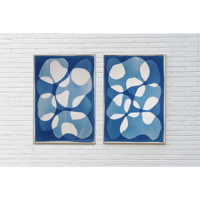 Abstract Sacks of Stones, Abstract Geometric Diptych, Modern Floating Shapes, Handmade Monotype Cyanotype on Watercolor Paper., 2026 For Sale - Image 3 of 9