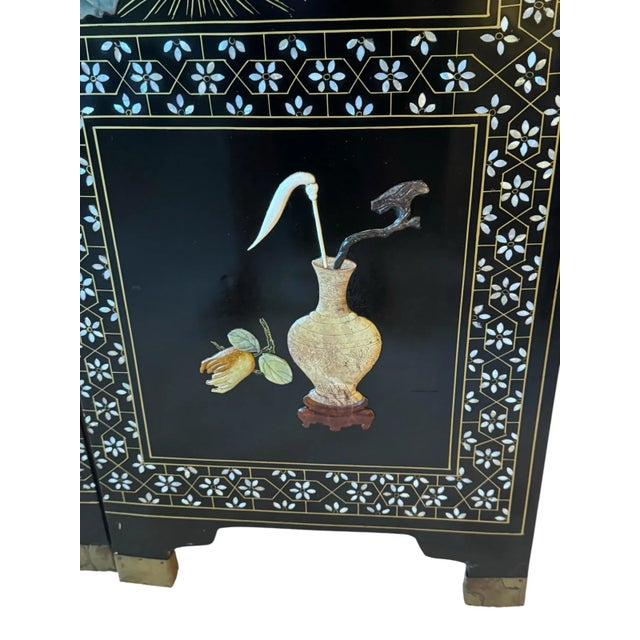 Chinese Black Lacquer and Carved Inlaid Hard Stone Four Panel Screen. Figures in a Landscape. Gilded Painted Flowers on the Back. Scholars Rock. For Sale - Image 9 of 12