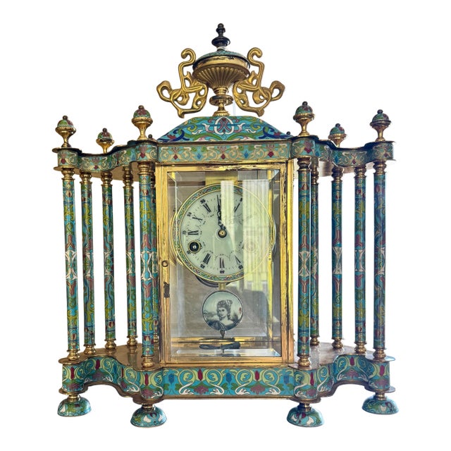 Stunning Vintage Cloisonné Champleve’ Enamel Colonnade Mantel Clock For Sale