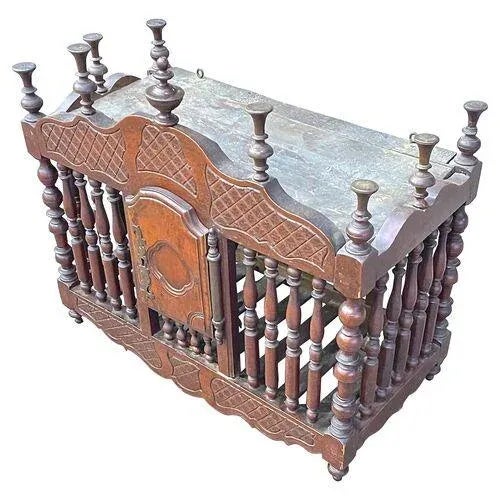 Antique French wood panetiere with incised carvings and hinged front door carved with a quatrefoil motif and accent top...