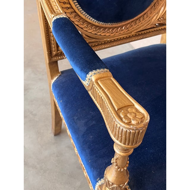 Pair of Louis XVI Style Giltwood Armchairs With Blue Klein Velvet For Sale - Image 10 of 13