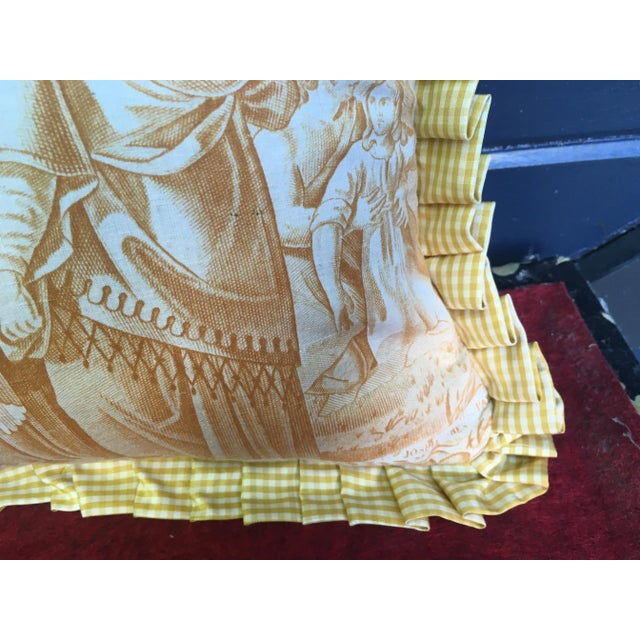 A pillow made from a circa 1880’s scenic toile depicting The Chastity of Joseph. Mary Jane McCarty Collection