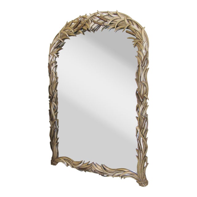 Rare Large Cattail Circa 1960s Italian Hand Carved Wood Mirror, Hollywood Regency For Sale