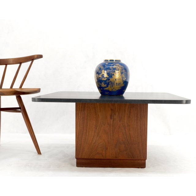 Cube Shape Oiled Walnut Pedestal Base Square Slate Too Coffee Center Table For Sale - Image 9 of 11