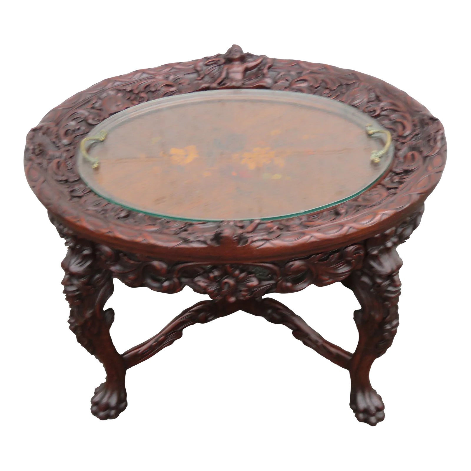Early Victorian Heavy Hand Carved Cherub Inlay Coffee Table With Glass