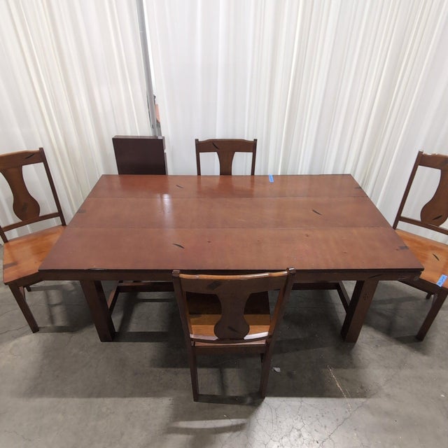 2010s Walker Edison Huntsman 5-Piece Dining Set, Extendable Trestle Table and 4 Chairs, Distressed Dark Oak For Sale - Image 5 of 8