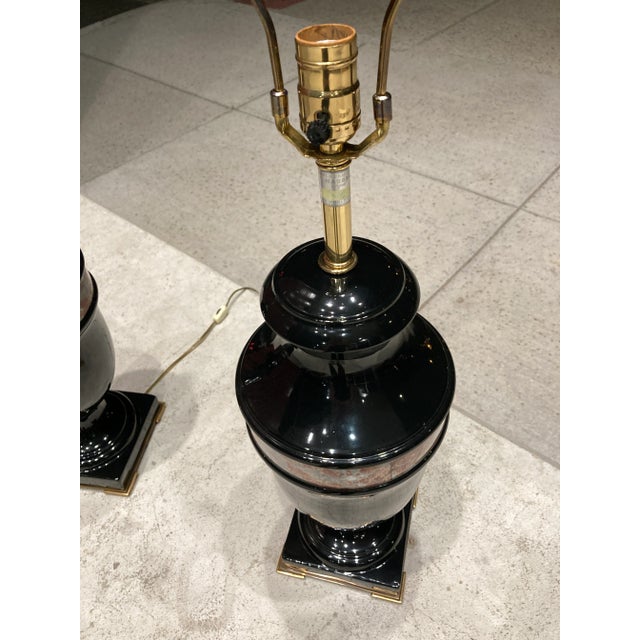 Pair of Black Glazed Porcelain & Bronze Urn Table Lamps From Marbro For Sale - Image 9 of 13