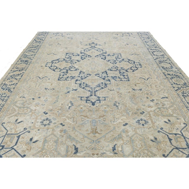 Textile Antique Persian Serapi Beige and Blue Wool Rug Featuring a Medallion Design For Sale - Image 7 of 9