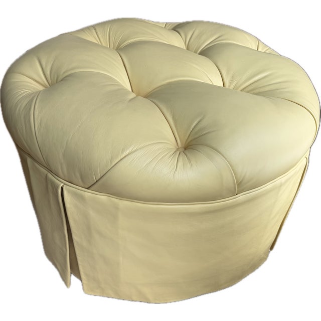 Custom 30" Round Leather Ottoman in Butter Yellow This 30-inch round ottoman arrives fully decided. Upholstered in supple...