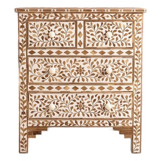 Arabesque Teak Wood Inlay Four-Drawer Chest by House of Jaipur For Sale