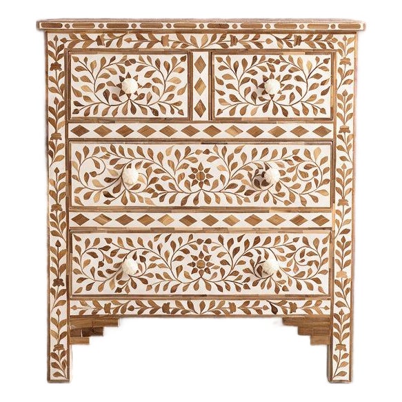 Arabesque Teak Wood Inlay Four-Drawer Chest by House of Jaipur For Sale