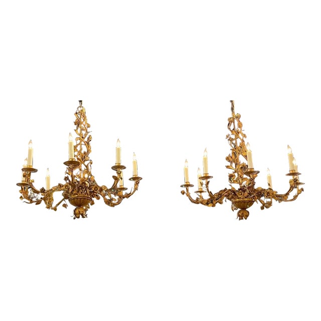 Exquisite 19th century Italian gilt tole floral chandeliers with 8 lights. These are very unique, covered in gold flowers...