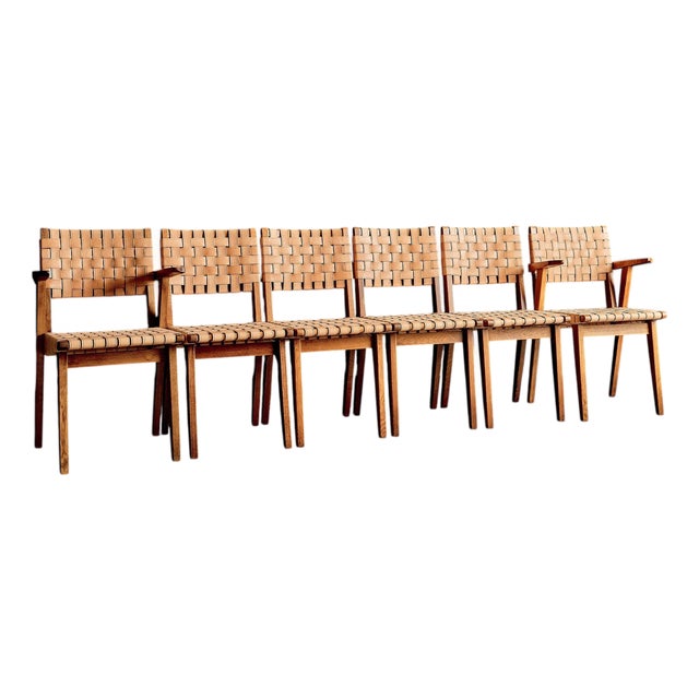 Oak Webbed Chairs in Leather Webbing attributed to Jens Risom, France, 1950s, Set of 10 For Sale