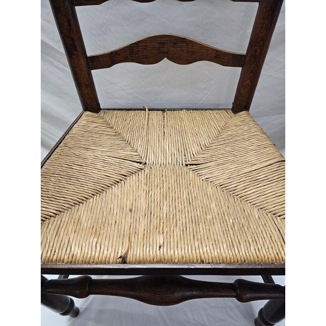 Matched Pair of Antique Eighteenth-Century English Ladderback Rush Seat Chairs For Sale In Portland, ME - Image 6 of 10