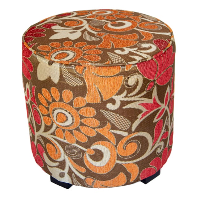 Moroccan Pouf Upholstered Stool in Bold Colorful Floral Fabric For Sale