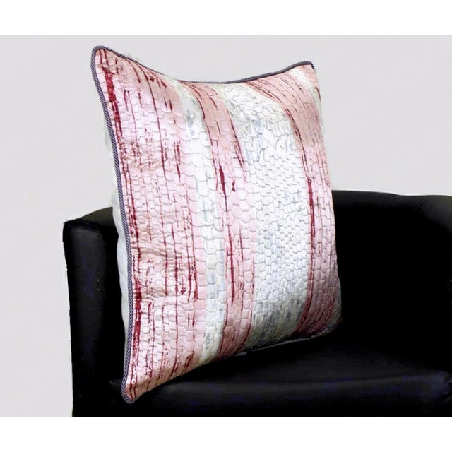 Contemporary Ikat Stripe Scalamandre Silk Pillow With Fish Scale Embroidered and Piping For Sale - Image 3 of 12