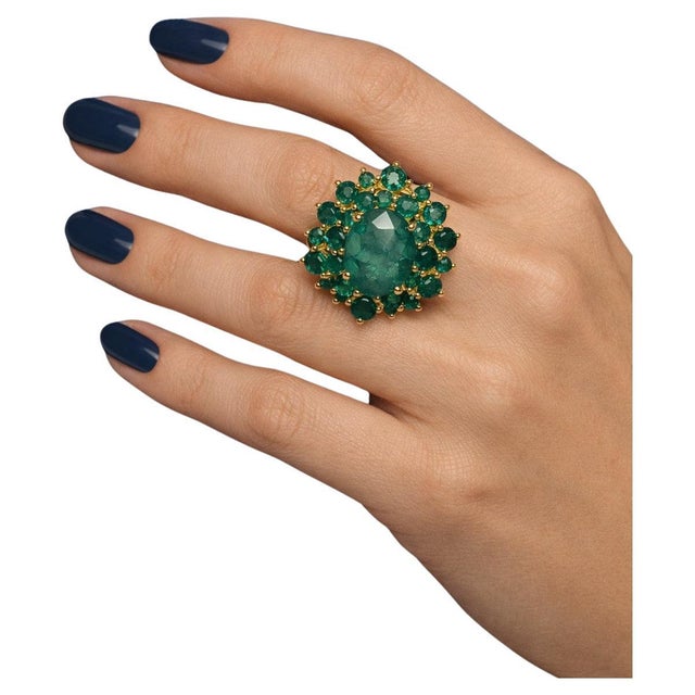 Baroque Bochic “Orient” Vintage Zambian Emerald Ring Set In 18K Yellow Gold & Silver For Sale - Image 3 of 8