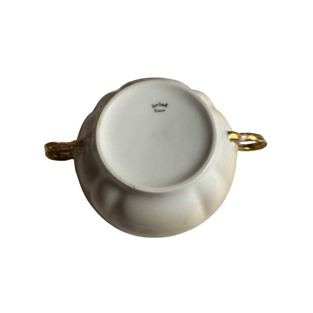 Antique Haviland Limoge Cream Soup with double handles. Gold Band with dark pink rose pattern at border. " diameter,...