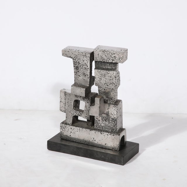 1970s Brutalist Modernist Geometric Sculpture in Caste Stainless Signed Paul Mount For Sale - Image 5 of 13