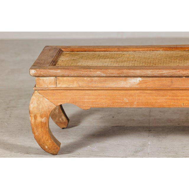 Late 20th Century Country Style Low Wood Coffee Table with Woven Mat Top and Curved Legs For Sale - Image 5 of 12