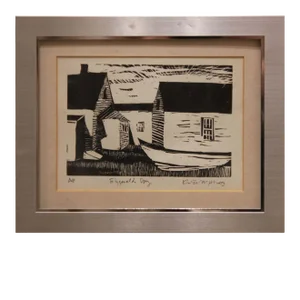 Mid 20th Century Boat With Houses Landscape Woodblock Print by Fitzgerald, Framed