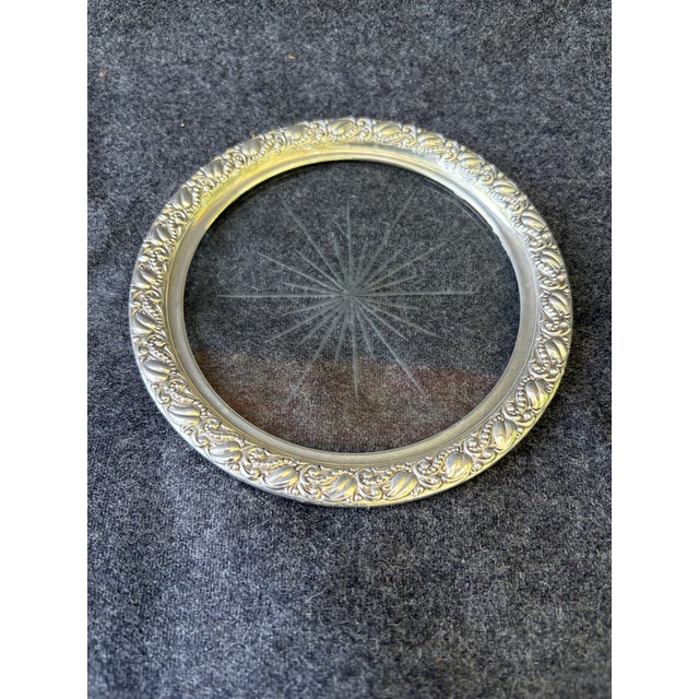 Vintage sterling silver and etched glass wine coaster. A paisley dotted textured rim accenting a fine etched starburst...