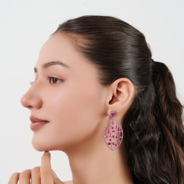 Gemstone Art Deco Geometric Ruby Lattice Drop Earrings in 925 Sterling Silver, A Pair For Sale - Image 7 of 11