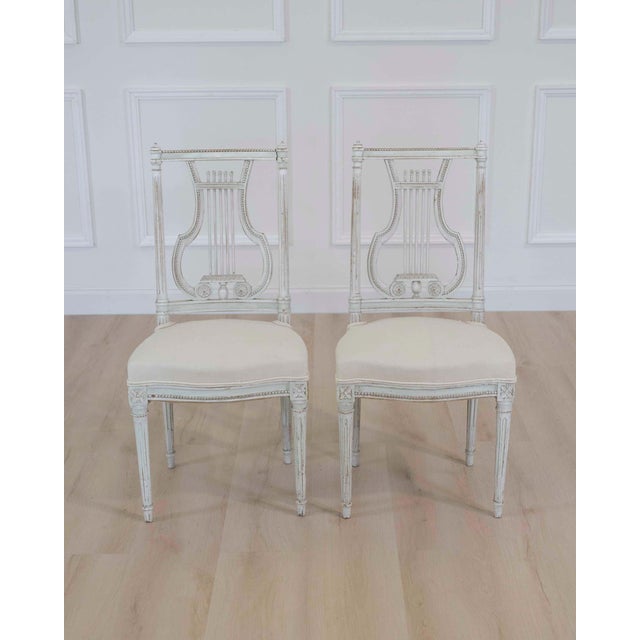 Pair of Antique French Neoclassical Painted Chairs in Antique Linen For Sale In Atlanta - Image 6 of 12