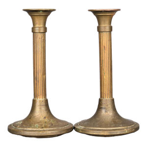 1930'e Swedish Rudolf Zibell Metallvarufabrik Eskilstuna Bronze Fluted Column Candlestick Holders Set of 2