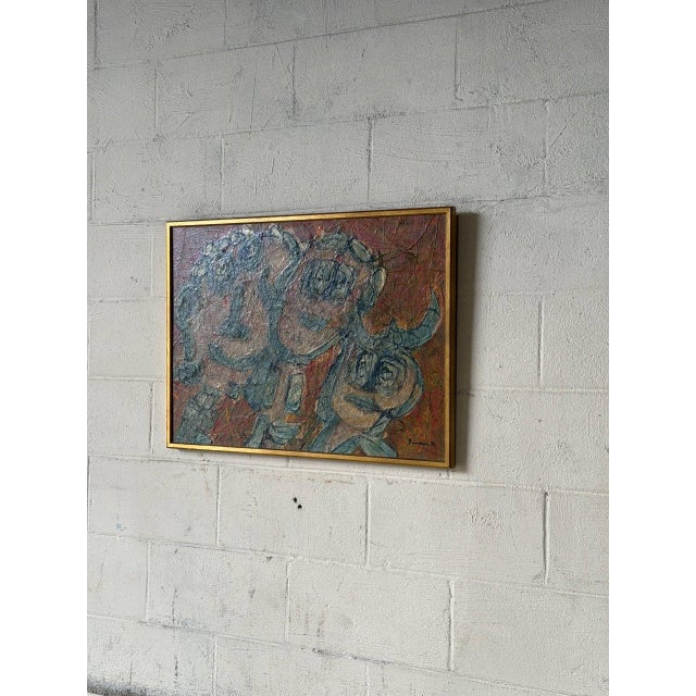 This striking abstract painting features a dynamic composition of expressive figurative faces. The heavily textured...
