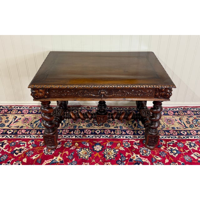 Antique French Henri II Style Writing Desk Barley Twist Carved Walnut 19th C For Sale In Dallas - Image 6 of 18
