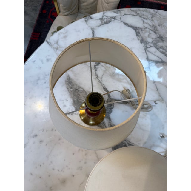 Vintage Red & Brass Table Lamps With Linen Shades - a Pair For Sale - Image 9 of 18