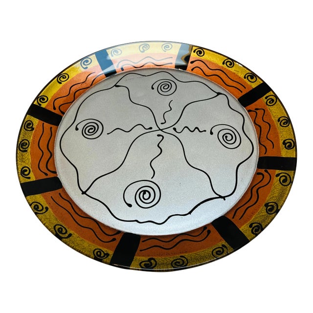 Vintage 1980’s Memphis Style Hand Painted Glass Platter by Kay Young For Sale