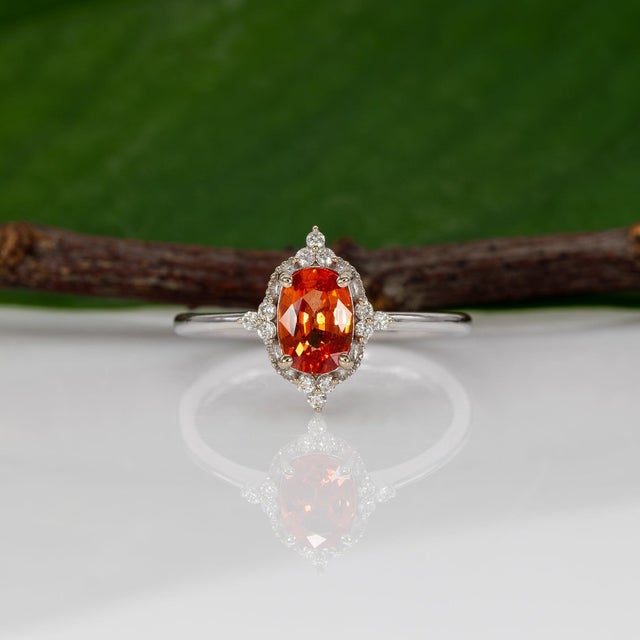 Padparadscha Sapphire Halo Ring With Natural Diamond Accents in Solid 14k Gold, Size 6.75 For Sale In Columbus - Image 6 of 10