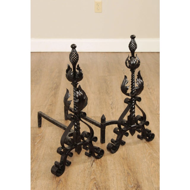High Quality Vintage Pair of Heavy Forged Iron Andirons, Black Painted