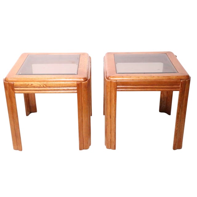 Brown Pr. Oak and Tinted Glass End Side Tables C. 1980/90's For Sale - Image 8 of 8