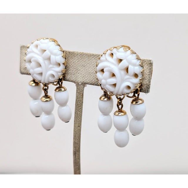 Mid-Century Modern Vintage 1960s Signed Napier Goldtone Carved White Faux-Jade Top With Beaded Dangles Clip Earrings-2 Pieces For Sale - Image 3 of 7