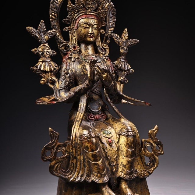 Vintage Gilt Bronze Seated Buddha, High Relief Carving With Flanking Vines For Sale - Image 4 of 10