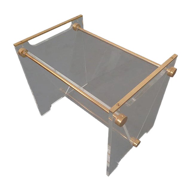 Italian Acrylic Glass &amp; Brass Magazine Rack, 1970s For Sale