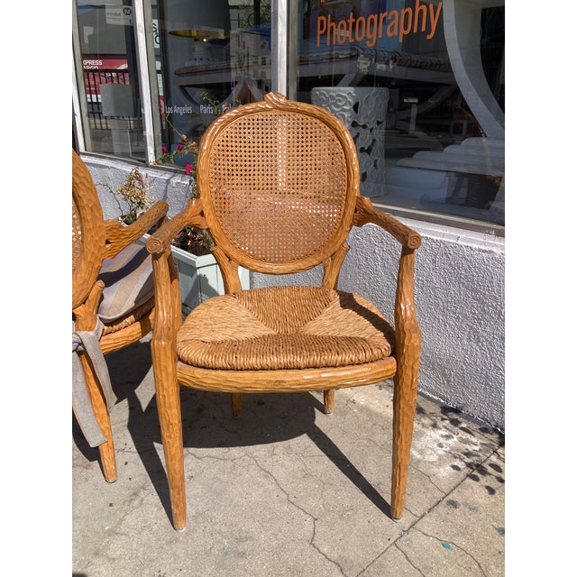 1980s Faux Bois Arm Dining Chairs With Cain Backs and Rush Seats- A Pair For Sale - Image 5 of 9
