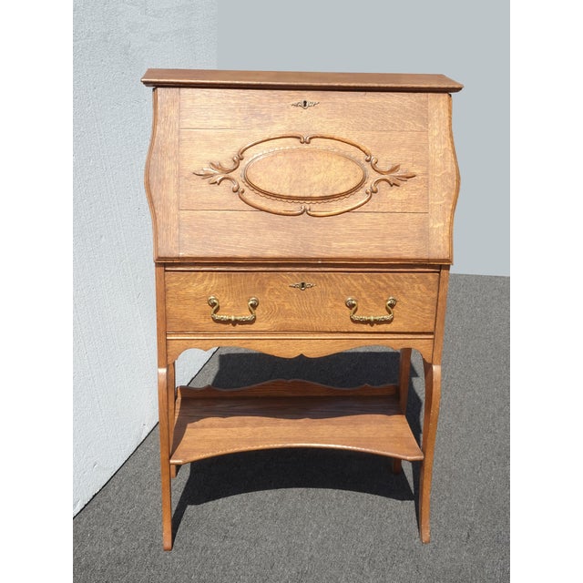 1930s Antique Slant Front Drop Leaf Secretary Desk Quartersawn Oak With Mirror For Sale - Image 5 of 14