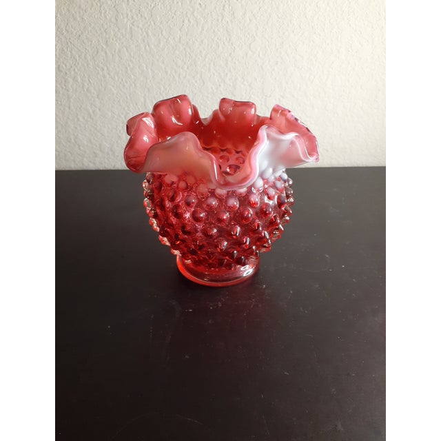 Glass 1950s Fenton Cranberry Hobnail Opalescent Ruffled Rose Bowl For Sale - Image 7 of 7