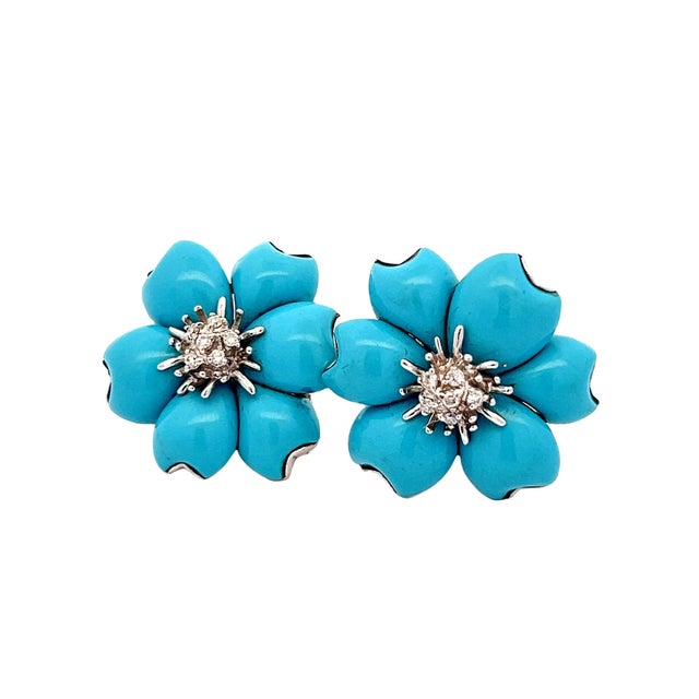 Modern Circa 1980s Italian 18k White Gold Persian Turquoise and Diamond Floral Earrings For Sale - Image 3 of 12