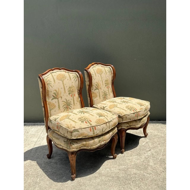 Late 20th Century Vintage Palm Print Fabric Slipper Chairs - Pair For Sale - Image 5 of 12