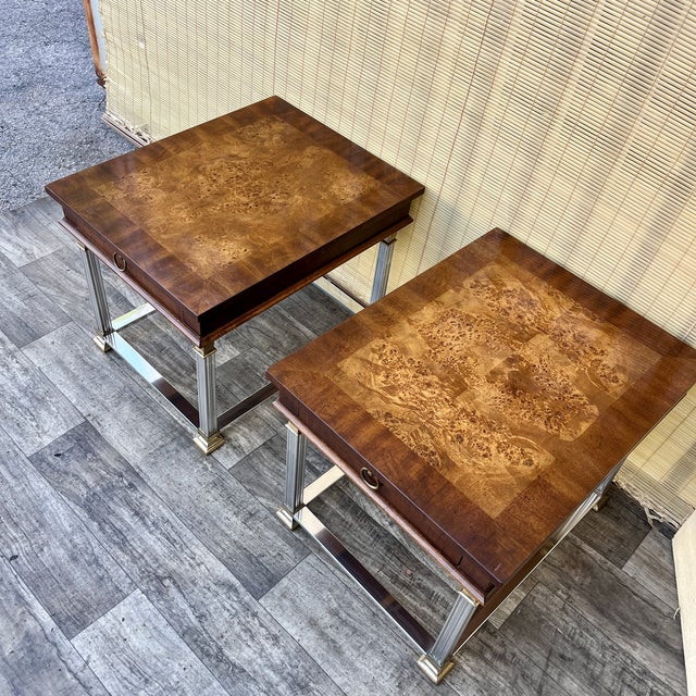 Traditional A Pair of Neoclassical Revival Burl Wood Side Tables by Lane Furniture Circa 1970s. For Sale - Image 3 of 18