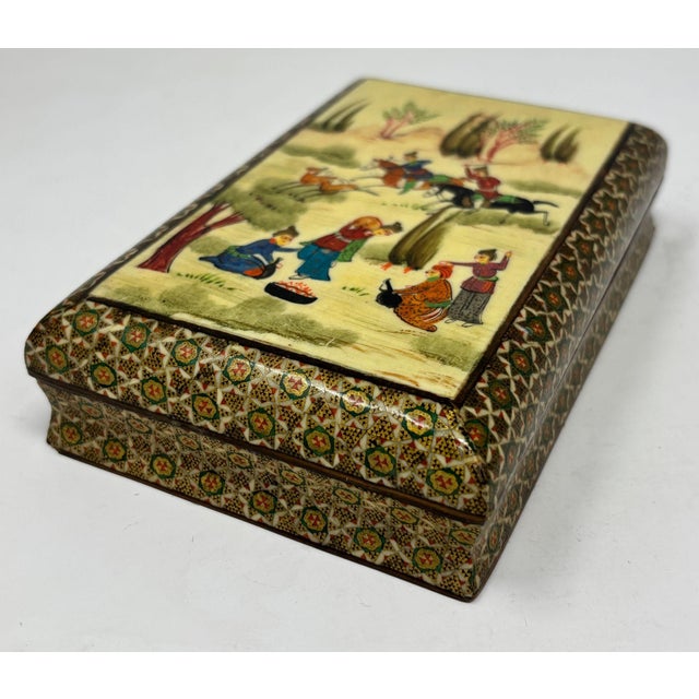 Fine Indo-Persian Micro Mosaic Marquetry Box With Miniature Painting 1940s For Sale - Image 4 of 11